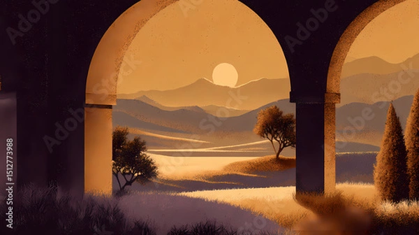 Obraz concept art for pastoral game | sunlit permanence | serene grandeur | gold and lavender | balanced symmetry | sunlit arches | soft architectural silhouette | chiaroscuro layering | golden age horizon