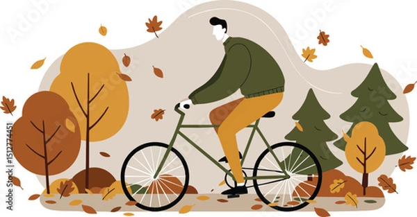 Obraz Man riding bicycle in autumn forest with falling leaves and pine trees vector illustration 
