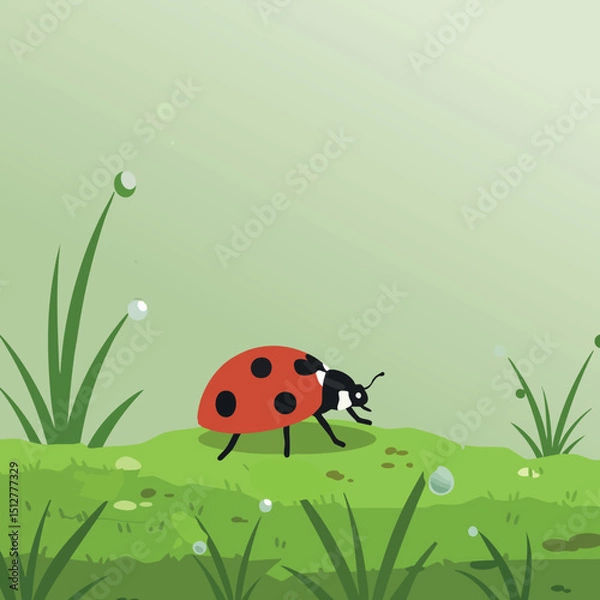 Fototapeta Ladybug on green grass with dewdrops in natural environment vector illustration 