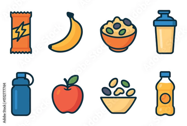 Fototapeta Snack icon set in flat style. vibrant, simple, and colorful food symbols