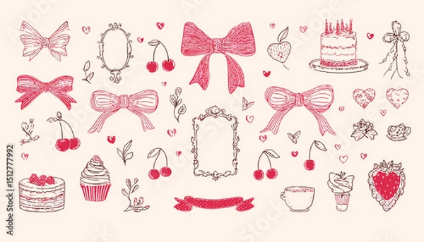 Obraz Hand-Drawn Coquette Elements Charming Bows, Cherries, Cakes & More