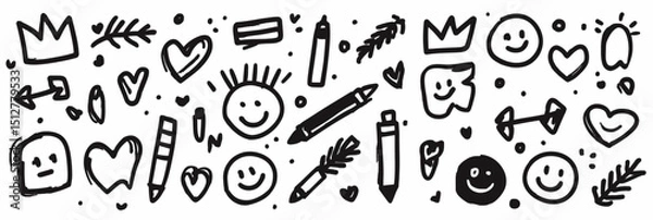 Obraz Hand drawn smile brush vector set with emoji faces, hearts, crowns, arrows, and crayon texture elements
