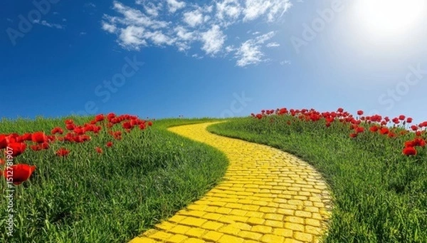 Fototapeta A winding yellow brick road ascends a verdant hill, bordered by vibrant red poppies under a bright, sunny sky