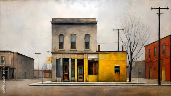 Obraz cultural critique layout | alienation in routine | emotional distance | grey and lemon | depth through shadow | still street corner | muted color field | selective detail emphasis | urban solitude