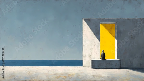 Obraz book cover for modern fiction | solitude in modernity | quiet introspection | grey and lemon | still horizon line | solitary figure in window | sharp window division | minimalist architectural