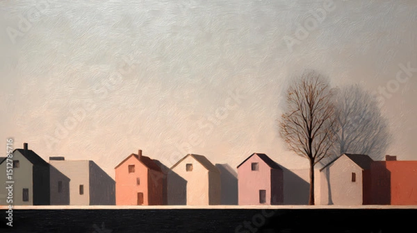Obraz cover for urban poetry book | inner lives in public places | existential stillness | dusty rose and navy | depth through shadow | row of quiet houses | muted color field | blocked shadow composition