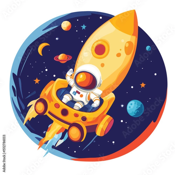 Fototapeta Illustration of a Boy Astronaut in a Space Car Explore Moon Surface with Rocket Travel Concept in EPS Format