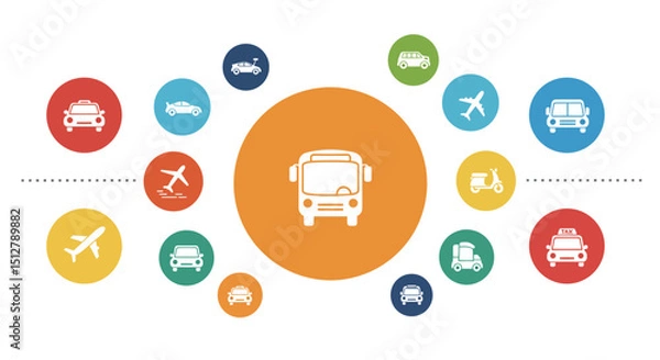 Fototapeta 3D icon of a car surrounded by transport related icons, minimalist design, flat vector illustration, bold colors, geometric shapes, clean aesthetic
