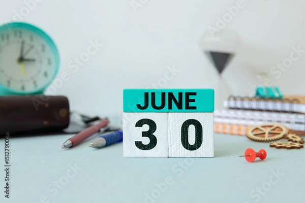 Fototapeta June 30th.June 30 white wooden calendar on vintage wood abstract background.