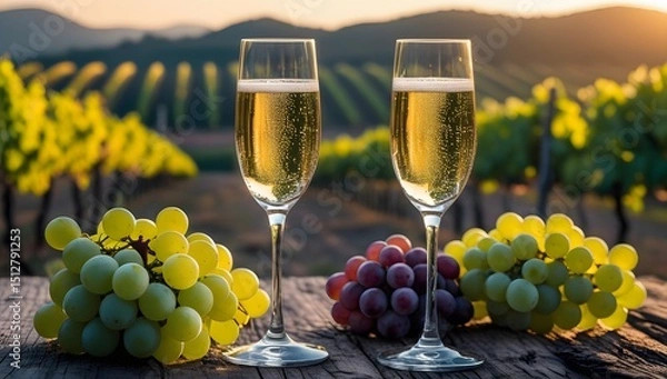 Fototapeta Two glasses of champagne with grapes in vineyard at sunset