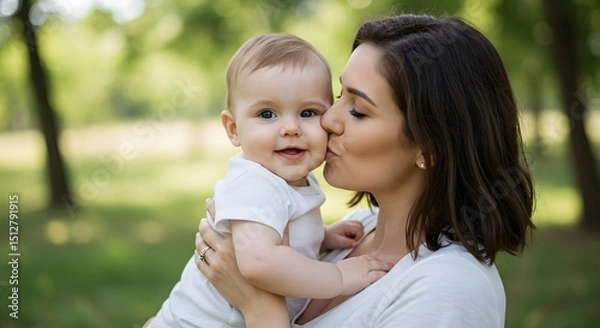 Obraz Happy Baby Being Kissed by Mother in a Green Park Setting