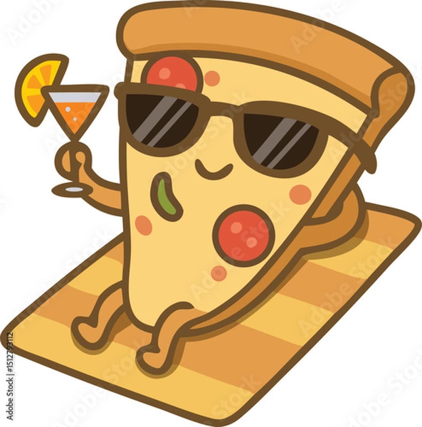 Obraz Pizza slice character at the beach with drink and sunglasses