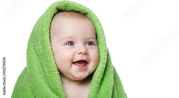 Obraz Happy Baby Smiling Wrapped in Green Towel Isolated on White