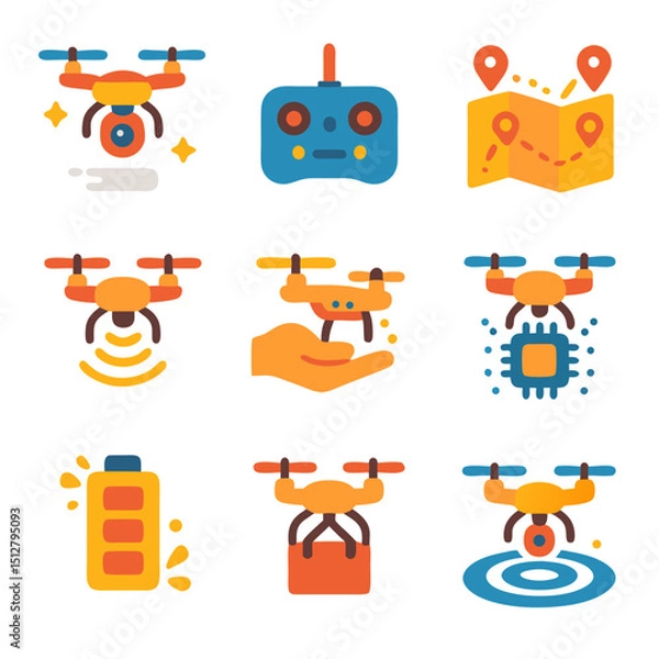 Obraz Drone device icons representing nine symbols for drone technology. Suitable for digital design projects, websites, and presentations on drones.