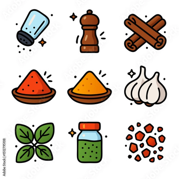 Obraz Cooking spices icon with various ingredients like salt, pepper, cinnamon, red chili powder, turmeric, garlic. Suitable for food blogs, menus, recipes, and cooking websites.