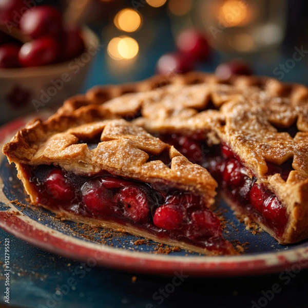 Obraz cherry pie with star cutouts and powdered sugar
