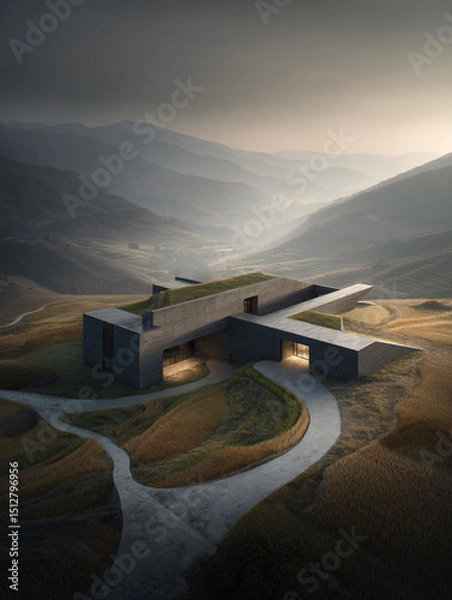 Fototapeta Modern Minimalist Architecture Geometric Building Structure Isolated Hillside Rural Environment Contemporary Design Postmodern Residential Nature Landscape Artistic Panoramic Sky View 