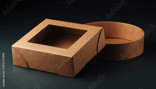 Fototapeta Square kraft cardboard box with a clear window, next to a matching round cardboard container, set against a dark background