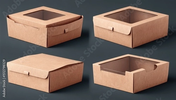 Fototapeta Four kraft cardboard boxes, two with clear plastic windows showcasing various closure styles and presentation options