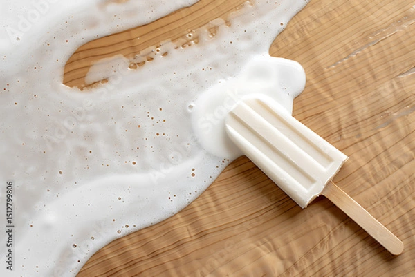 Fototapeta summer meltdown, birds-eye view of melting popsicle on wooden surface, symbolizing the sweltering late summer heat