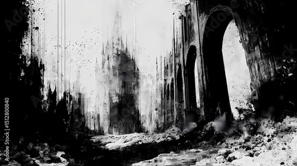 Obraz illustration for existential poetry collection | emotive void | eternal decay | bone white and pitch black | foreground decay dominance | cathedral ruins | organic ruin rendering | shadow engulfing |