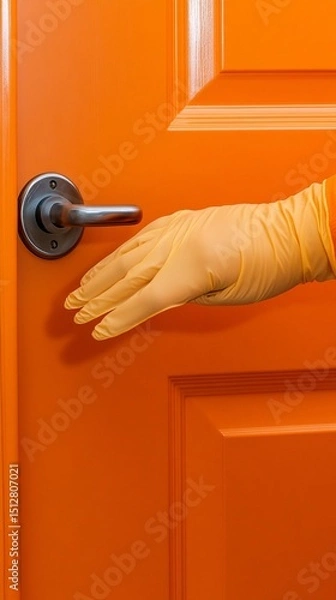Fototapeta A gloved hand reaches for a sleek, modern door handle against a vibrant orange door, symbolizing entry, access, and change in a bold and energetic setting.