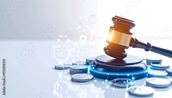 Fototapeta Gavel and coins with digital overlay, representing digital law, finance, and justice in a modern context.