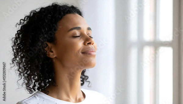 Fototapeta Woman with closed eyes breathes deeply near a window, depicting calm and relaxation.