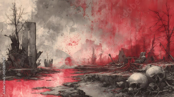 Obraz graphic for horror-themed exhibition | corporeal transcendence | cosmic despair | ashen grays and reds | foreground decay dominance | warped skeletons | sinew textures | drybrush decay |