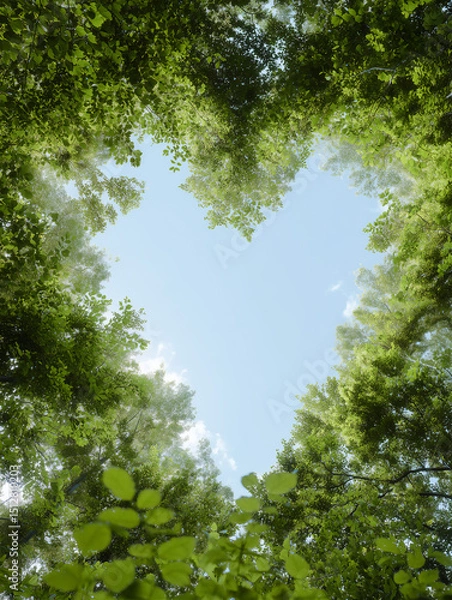 Fototapeta 見上げると空がハート型に見える森の中
