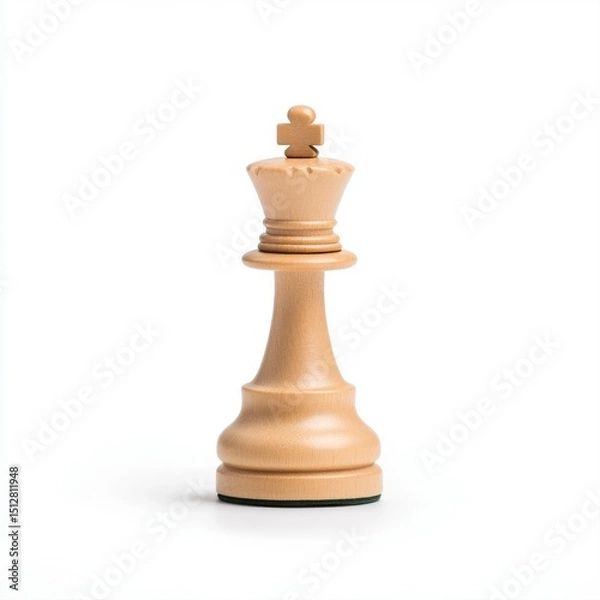 Fototapeta Single Wooden Chess King Piece on Clean White Background for Strategic Games