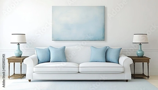 Fototapeta Light-blue abstract painting above a white sofa with light-blue cushions in a light-filled room