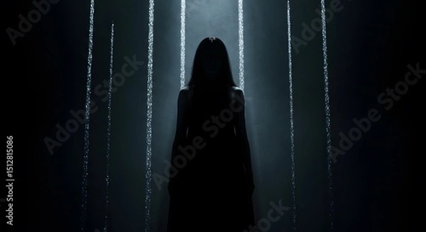 Obraz Silhouette of a Woman in Dark Room with Vertical Light Beams - Mysterious and Dramatic