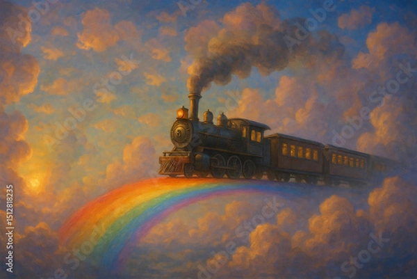 Fototapeta Vintage steam train riding on a vibrant rainbow through dreamy clouds at sunset, symbolizing fantasy, adventure, and imagination in a surreal composition.
