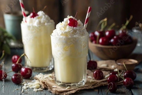 Fototapeta Two creamy cherry milkshakes topped with whipped cream and fresh red cherries.