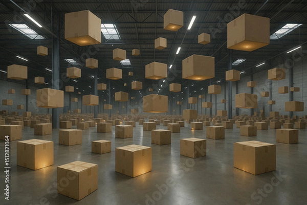 Fototapeta Floating cardboard boxes in a vast warehouse with glowing light, symbolizing logistics, innovation, and futuristic storage solutions in a surreal and artistic setting.