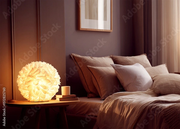 Fototapeta Illuminated feather lamp on bedside table in a cozy bedroom with pillows and artwork on the wall