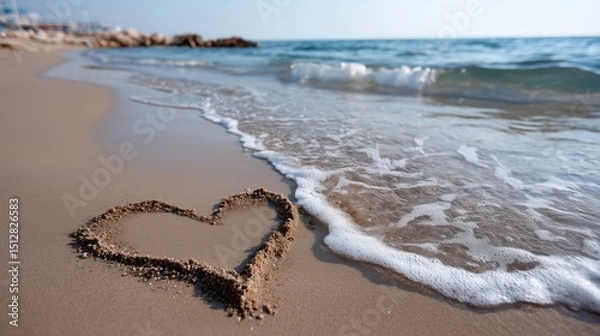 Fototapeta Heart Shape Drawn in Beach Sand with Gentle Waves