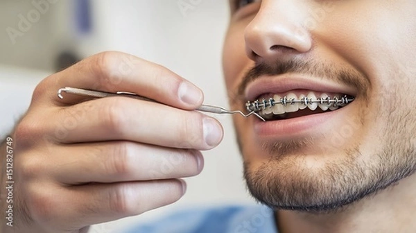 Obraz Close up of male orthodontist adjusting braces on a patient focus on hands and dental tools professional clinical setting high detail macro shot