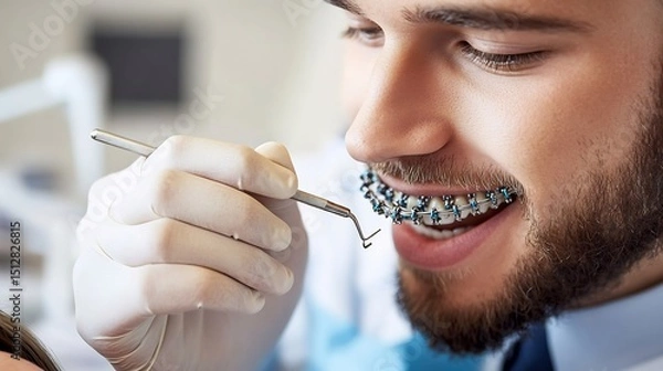 Obraz Close up of male orthodontist adjusting braces on a patient focus on hands and dental tools professional clinical setting high detail macro shot