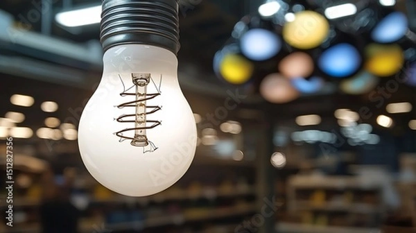 Obraz Close up of white light bulb with a spiral filament an old electric lamp hanging in an industrial warehouse a futuristic energy efficient smart bulb an artistic arrangement of colorful light bulbs
