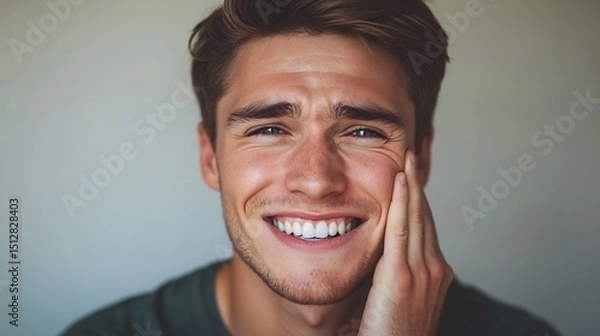Obraz Close up portrait of handsome young Caucasian man with a warm smile experiencing toothache touching his cheek