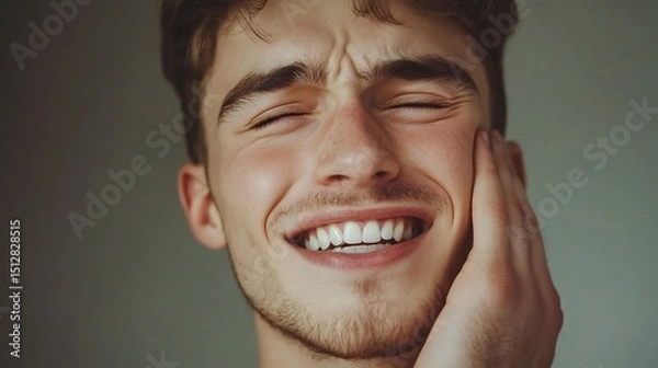 Obraz Close up portrait of handsome young Caucasian man with a warm smile experiencing toothache touching his cheek