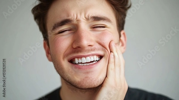 Obraz Close up portrait of handsome young Caucasian man with a warm smile experiencing toothache touching his cheek