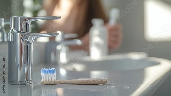 Obraz Close up shot of toothbrush and toothpaste on a bathroom sink slightly wet bristles reflecting recent use with a blurred background of a woman preparing for her morning hygiene ritual