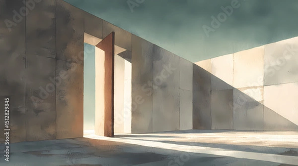Obraz book cover for modern fiction | solitude in modernity | urban melancholy | sepia and jade | still horizon line | open door to void | diagonal light beam | minimalist architectural framing | interwar