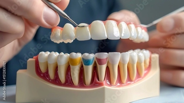 Obraz Concept Equipment Model Dental model different colored teeth highlighting area treatment Explore variation 3D model of human jaw teeth Dental model used educational purpose Dental technician working