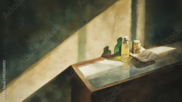 Obraz cover for urban poetry book | solitude in modernity | lonely peace | cream and bottle green | depth through shadow | deserted cinema | diagonal light beam | soft light rendering | interwar America |
