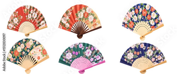 Fototapeta Set of elegant Japanese wooden folding fan with intricate floral pattern, vibrant colors and traditional craftsmanship png isolate on white background Download.