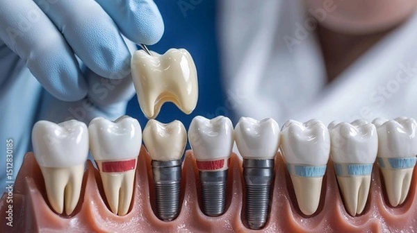 Obraz Concept Equipment Model Dental model different colored teeth highlighting area treatment Explore variation 3D model of human jaw teeth Dental model used educational purpose Dental technician working